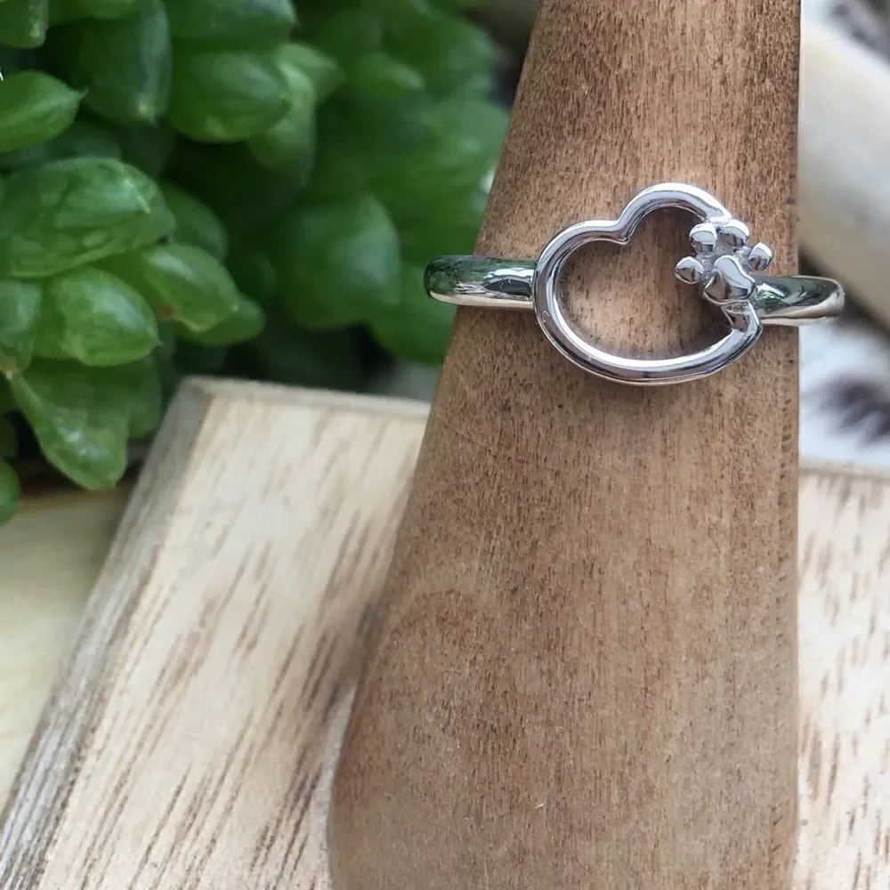 Paw Heart Sterling Silver Ring Size 7